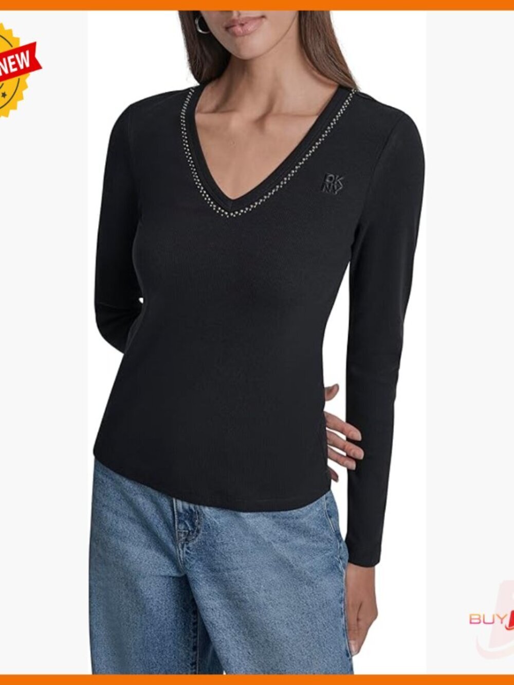 Long Sleeve V-Neck Knit Top with Rhinestones, Classic Fit